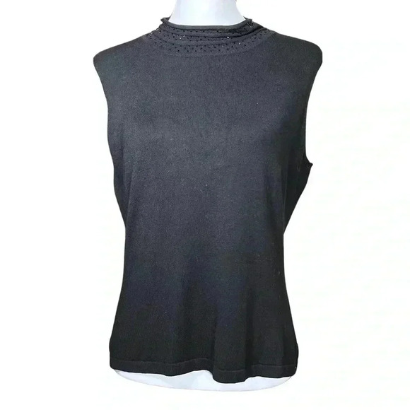 Vintage Tops - Vintage 90s Y2K Soft Black Knit Sleeveless Tank Beaded Neckline L/XL Whimsigoth